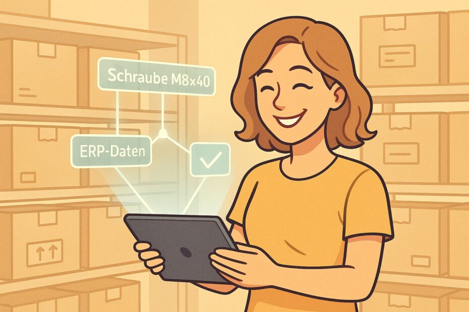 Die gleiche Lageristin (Andrea), jetzt sichtbar erleichtert und zufrieden, steht im selben Lager. Sie hält ein Tablet mit einem holografischen Overlay: Artikelbezeichnungen und ERP-Daten werden automatisch gematcht, verbunden durch leuchtende Linien. Im Hintergrund: ordentlich gestapelte Kisten, jedes mit klarer Kennzeichnung. Andrea lächelt glücklich.